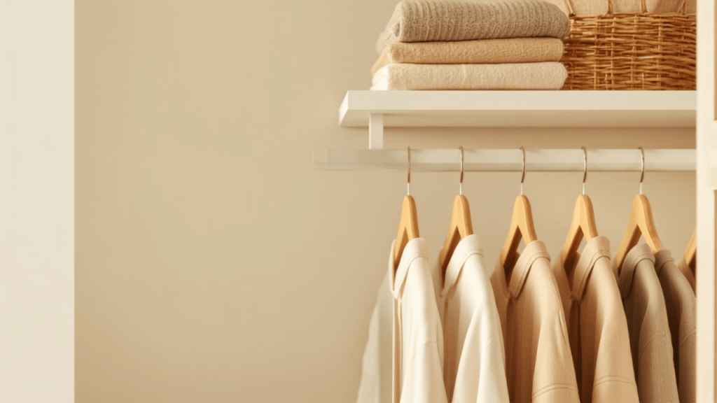 Small closet organized with matching slim hangers, folded knits and woven storage baskets — budget closet organization under $25