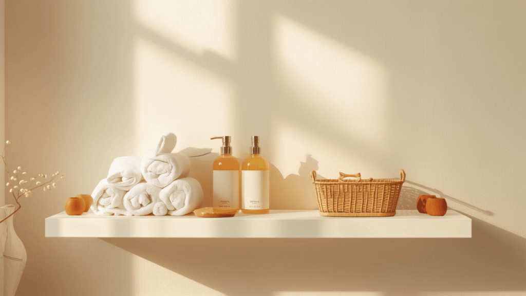 Small bathroom shelf with rolled white towels, matching dispenser bottles and a bamboo tray — small bathroom storage ideas under $20