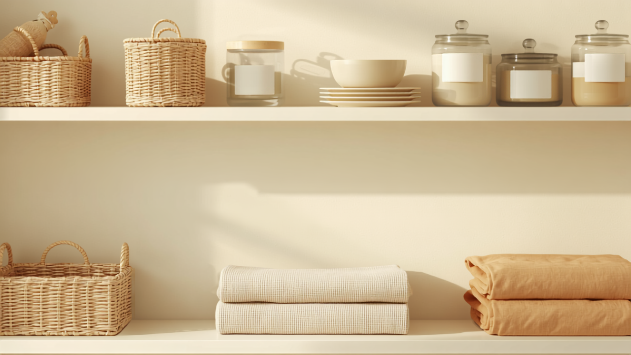 Styled kitchen shelf with organized glass jars, woven baskets and folded linens in warm morning light — budget home organization ideas under $20