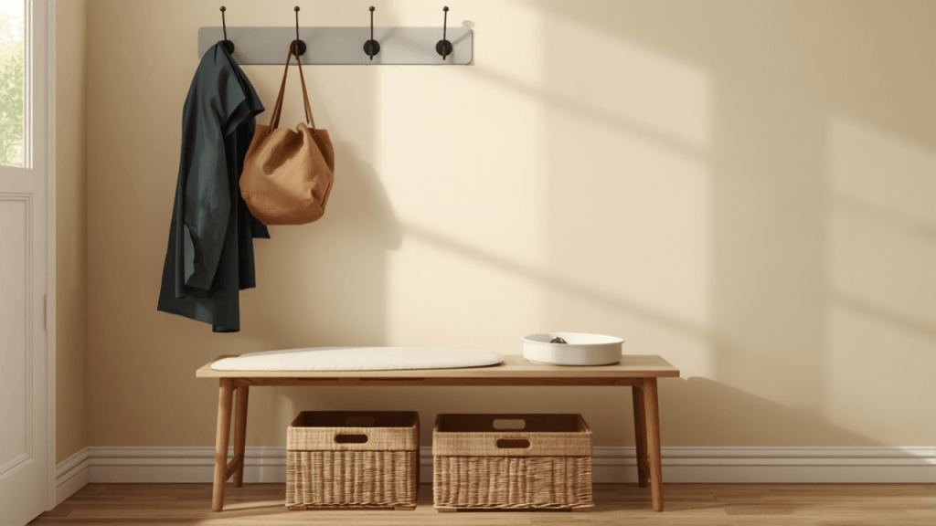 Small entryway with slim bench, wall hooks and woven baskets for shoes — entryway organization ideas for small spaces